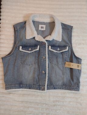 New Madden NYC Denim Vest Women XXXL Cropped Faux Sherpa Trim Front Pockets NWT